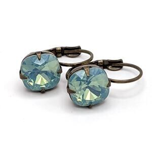 Liz Palacios Blue Swarovski Crystal Antiqued Brass Lever Back Drop Earrings